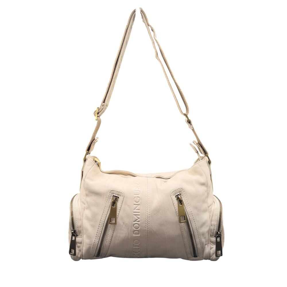 Adolfo Dominguez Leather Convertible Shoulder Crossbody Bag Ivory Moto Zip